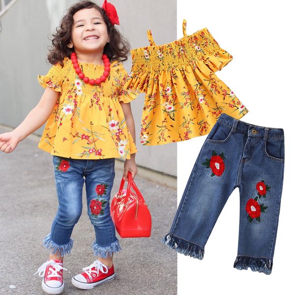 fashion girls clothing set 2020 summer baby girls clothes floral print +jeans pants 2 piece children clothing, White
fashion girls clothing set 2020 summer baby girls clothes floral print +jeans pants 2 piece children clothing, White