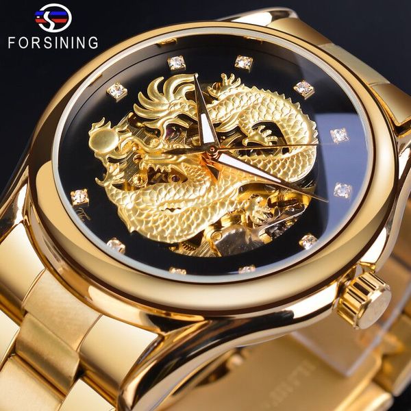 

forsining men watch skeleton hollow golden dragon mechanical watches automatic crystal waterproof steel clock relogio masculino, Slivery;brown