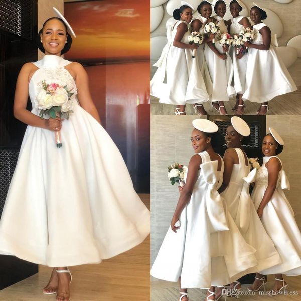 african halter satin a line short bridesmaid dresses 2020 lace applique bow sash maid of honor dress wedding guest plus size dresses, White;pink
african halter satin a line short bridesmaid dresses 2020 lace applique bow sash maid of honor dress wedding guest plus size dresses, White;pink