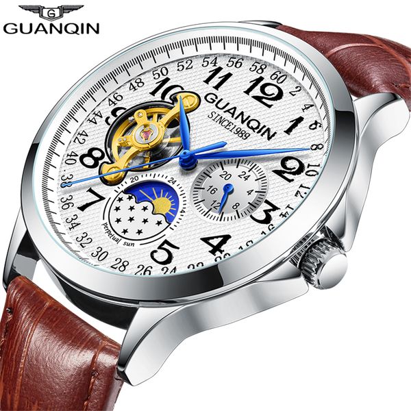 2019 Fashion Guanqin Mens Watches Brand Luxury Skeleton Watch Men Sport Leather Tourbillon Automatic Mechanical Wristwatch