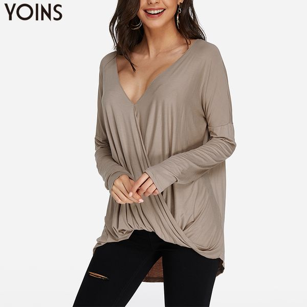 

yoins 2019 autumn v neck ladies solid and blouses casual asymmetrical hem long sleeve pullover shirts blusas femininas, White