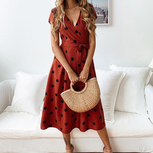 ricorit summer women dress casual long dress polka dot print a-line elegant party dresses v-neck short sleeve maxi, Black;gray 
ricorit summer women dress casual long dress polka dot print a-line elegant party dresses v-neck short sleeve maxi, Black;gray