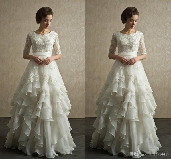modern 2019 spring lace a line wedding dresses scoop neck half sleeves applique beads plus size sweep train ruffles tiered bridal gown, White
modern 2019 spring lace a line wedding dresses scoop neck half sleeves applique beads plus size sweep train ruffles tiered bridal gown, White