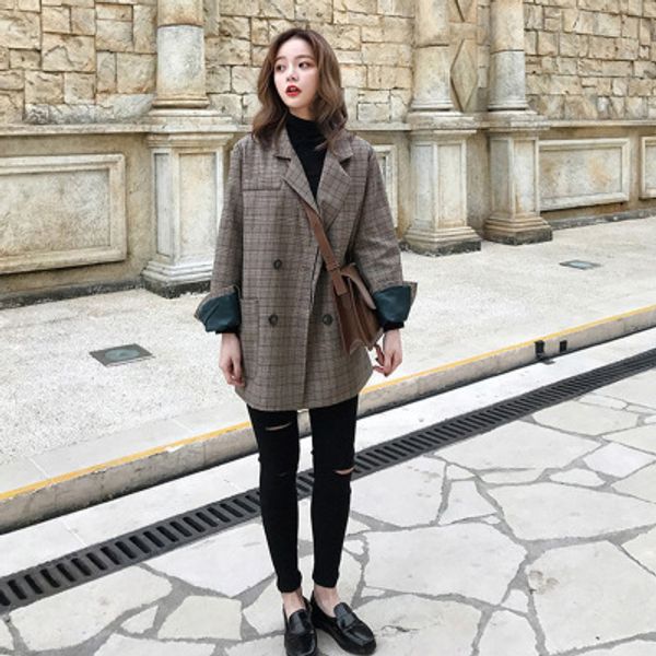 women vintage double breasted office ladies plaid blazer long sleeve loose retro suits coat jacket female blazers, White;black
women vintage double breasted office ladies plaid blazer long sleeve loose retro suits coat jacket female blazers, White;black