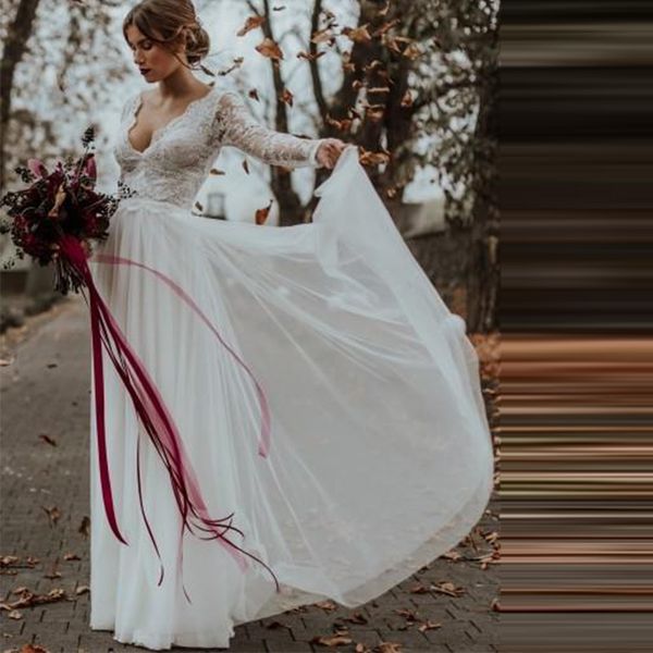 lace chiffon country wedding dresses 2019 long sleeve deep v neck elegant floor length bridal gowns vestido de noiva custom size, White
lace chiffon country wedding dresses 2019 long sleeve deep v neck elegant floor length bridal gowns vestido de noiva custom size, White