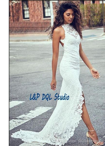 backless lace wedding dresses side split sweep train lace long summer style lace beach bridal gowns, White
backless lace wedding dresses side split sweep train lace long summer style lace beach bridal gowns, White