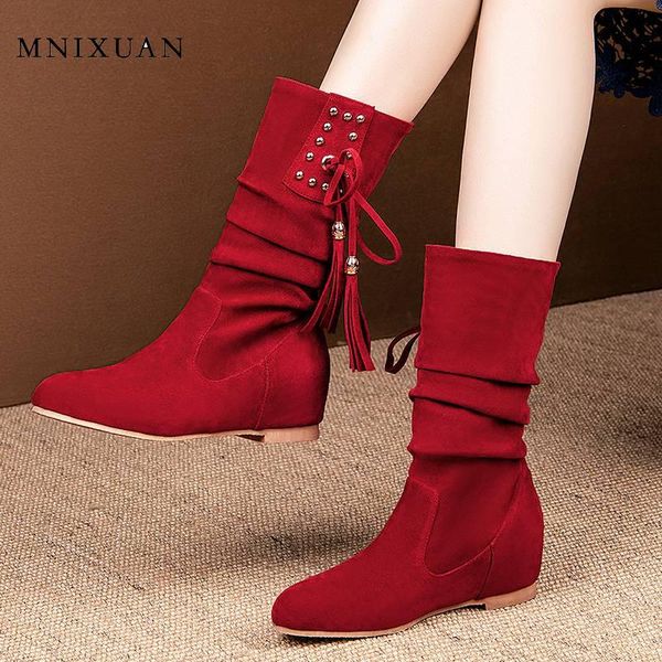

mnixuan comfortable 2019new korean version cute sweet autumn winter women shoes mid-calf boots flat increased height fringe boot, Black