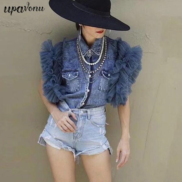 2020 summer new chic yarn ruffle sleeve denim shirt short sleeve shirt casual women's shirts wholesale, White
2020 summer new chic yarn ruffle sleeve denim shirt short sleeve shirt casual women's shirts wholesale, White