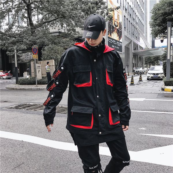 sleeve strap jacket hip hop pocket hooded 2019 new men, Black;brown 
sleeve strap jacket hip hop pocket hooded 2019 new men, Black;brown