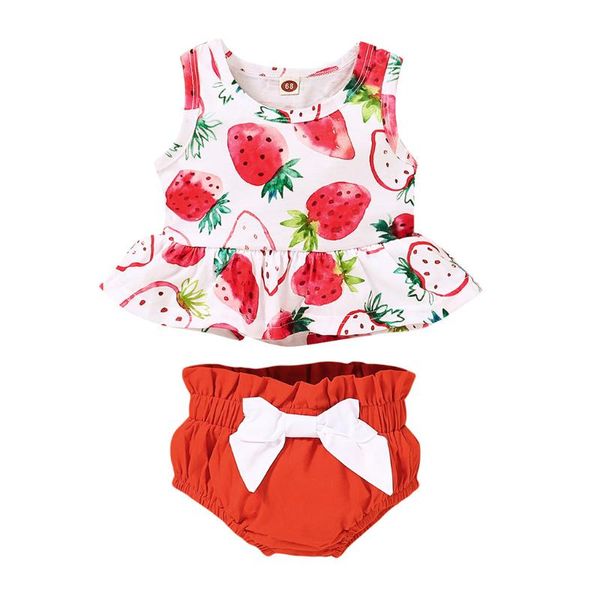 kancoold fashion wear baby sleeveless frill strawberry printed vest + bow shorts suit summer fruit series printed vest suit, White 
kancoold fashion wear baby sleeveless frill strawberry printed vest + bow shorts suit summer fruit series printed vest suit, White