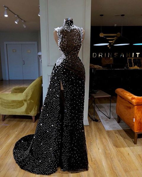 2020 side split mermaid prom dresses high neck sleeveless appliques beads tulle party gowns sweep train prom gowns, Black
2020 side split mermaid prom dresses high neck sleeveless appliques beads tulle party gowns sweep train prom gowns, Black