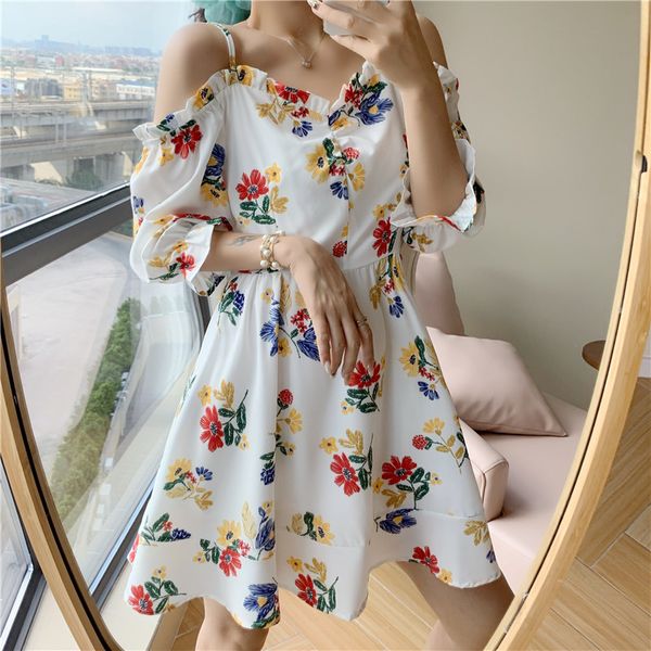 french floral strap off-shoulder dress womens 2020 summer new waist slimming temperament ageing skirt, White;black
french floral strap off-shoulder dress womens 2020 summer new waist slimming temperament ageing skirt, White;black
