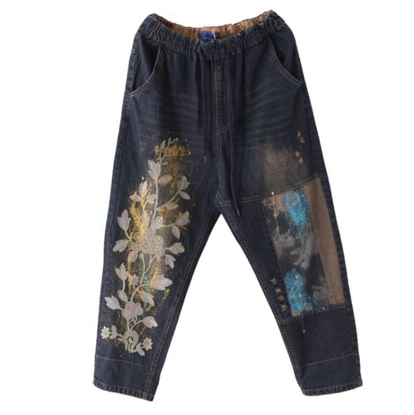 literary women floral embroidered jeans female loose ripped harem pants elastic waist washed spring denim trousers retro p1006, Blue
literary women floral embroidered jeans female loose ripped harem pants elastic waist washed spring denim trousers retro p1006, Blue