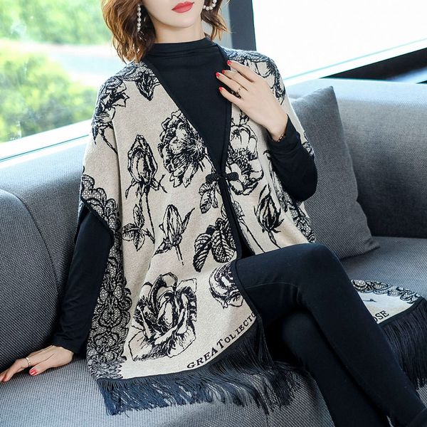 

vintage fringed knit cloak floral poncho bat-sleeved tassels cape cardigan sweater shawl woman coat 2019 new l3971, Black