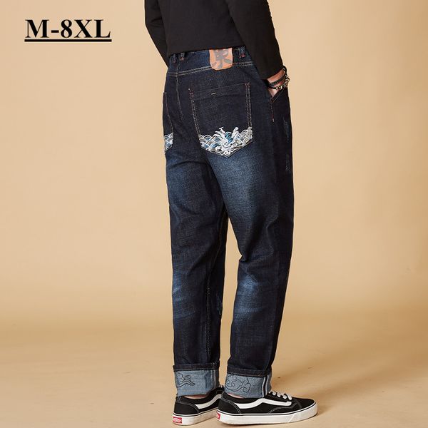 men new japanese clouds waves embroidered elastic waist drawstring jeans fashion stretch denim trousers plus size 6xl 7xl 8xl, Blue
men new japanese clouds waves embroidered elastic waist drawstring jeans fashion stretch denim trousers plus size 6xl 7xl 8xl, Blue