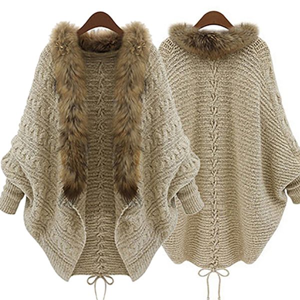 women faux fur collar batwing sleeve loose casual warm cardigan shawl sweater, White;black
women faux fur collar batwing sleeve loose casual warm cardigan shawl sweater, White;black