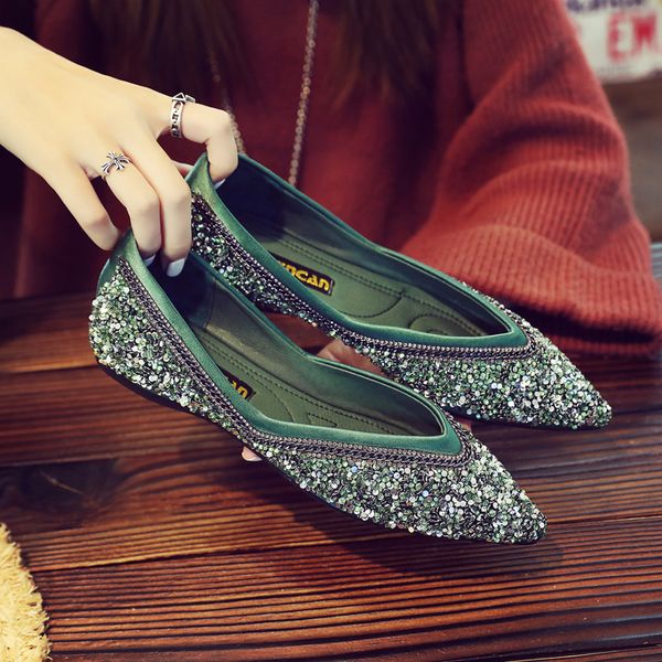 

silver glitter ballet flats women pointed toe metal chains mules shoes v open sequined espadrilles women zapatos de mujer y558, Black
