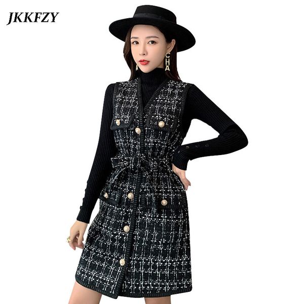 women elegant pearls single-breasted v-neck sashes tweed plaid wool vest dress+black turtleneck button knit winter 2pcs set, White
women elegant pearls single-breasted v-neck sashes tweed plaid wool vest dress+black turtleneck button knit winter 2pcs set, White