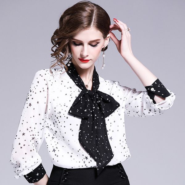 women's shirt new spring temperament lady bow decoration stitching star pattern chiffon shirt fashion slim female arrivals, White
women's shirt new spring temperament lady bow decoration stitching star pattern chiffon shirt fashion slim female arrivals, White