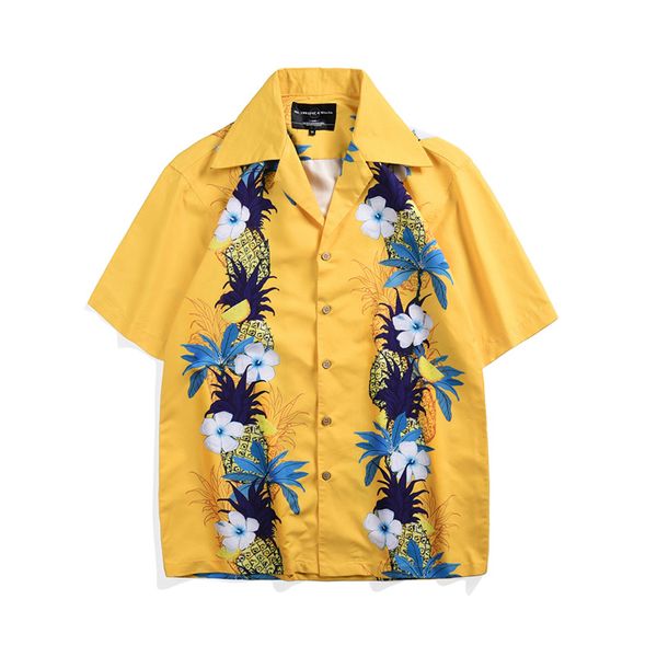 

pineapple print hawaiian shirt casual streetwear tropical beach men's shirts summer short sleeve loose yellow shirt men, White;black