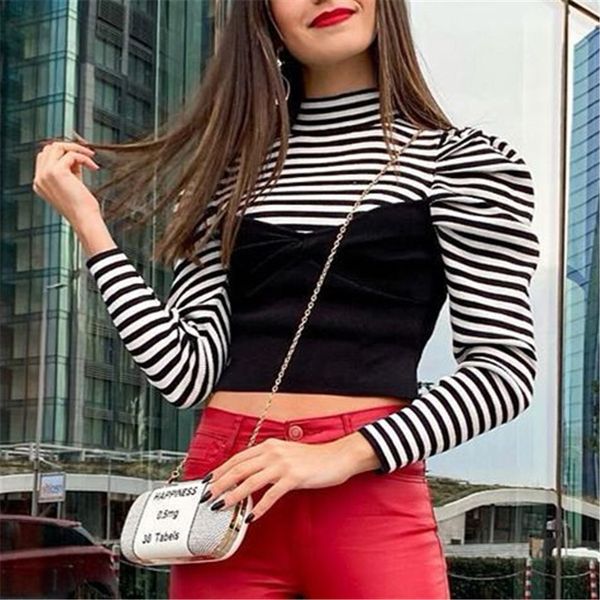 women patchwork striped knitted sweater vintage high neck long puff sleeve female pullovers short navel chic, White;black
women patchwork striped knitted sweater vintage high neck long puff sleeve female pullovers short navel chic, White;black