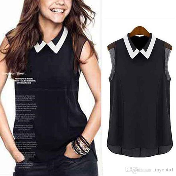 2019 new shirt doll collar mesh chiffon shirt trend sleeveless slim vest black and white color matching lapel shirt
2019 new shirt doll collar mesh chiffon shirt trend sleeveless slim vest black and white color matching lapel shirt