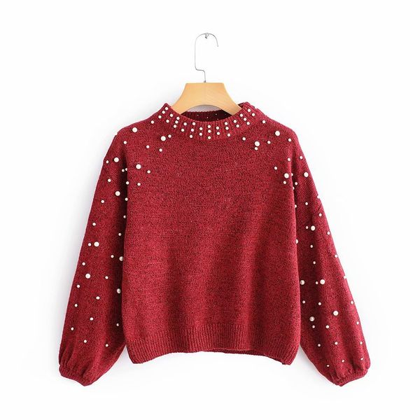2019 autumn and winter pearl round neck sweater ladies lantern sleeves solid color loose pullover sweater casual beading, White;black 
2019 autumn and winter pearl round neck sweater ladies lantern sleeves solid color loose pullover sweater casual beading, White;black