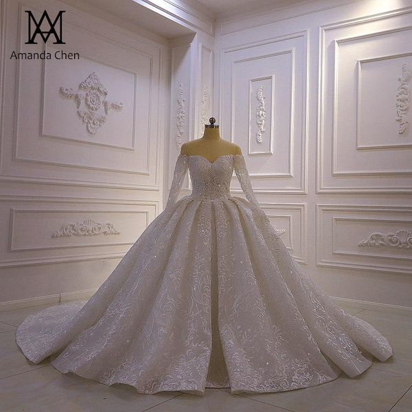 luxury sequined beaded ball gown wedding dresses vintage arabic dubai crystal plus size off shoulder long sleeves bridal gown, White
luxury sequined beaded ball gown wedding dresses vintage arabic dubai crystal plus size off shoulder long sleeves bridal gown, White