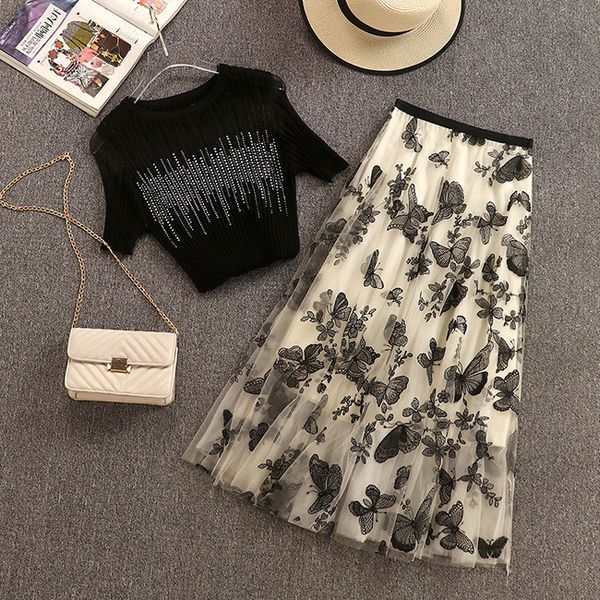 2020 new suit temperament knitted round neck diamond + embroidered mesh skirt two-piece suit female 0504, White
2020 new suit temperament knitted round neck diamond + embroidered mesh skirt two-piece suit female 0504, White