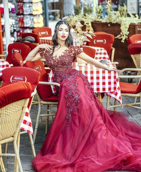 2019 arabic aso ebi luxurious burgundy lace beaded evening dresses sheer neck long sleeves prom dresses formal party second gowns, Black;red
2019 arabic aso ebi luxurious burgundy lace beaded evening dresses sheer neck long sleeves prom dresses formal party second gowns, Black;red