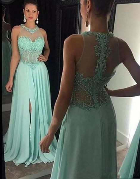 new arrival mint green chiffon prom dressees halter neckline beaded sheer bodice side split a line elegant evening formal dresses 2018, Black
new arrival mint green chiffon prom dressees halter neckline beaded sheer bodice side split a line elegant evening formal dresses 2018, Black
