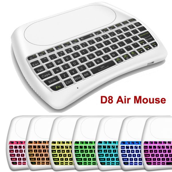 D8 7 Colors Backlight Air Mouse Wireless Mini Keyboards with Big Touchpad Remote Control for TV Box Projector White Black Controller