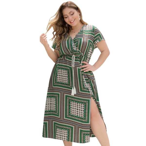 europe and the united states new cross v-neck drawstring high waist short-sleeved split large swing large size print dresses, White
europe and the united states new cross v-neck drawstring high waist short-sleeved split large swing large size print dresses, White
