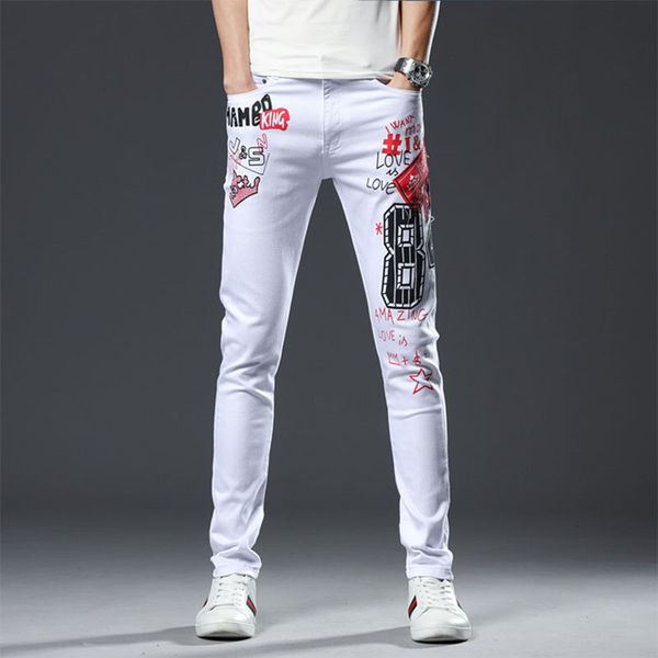 men jeans 2019 new classic design white 100% cotton letter printing fit slim pencil pants ripped skinny jeans men, Blue
men jeans 2019 new classic design white 100% cotton letter printing fit slim pencil pants ripped skinny jeans men, Blue