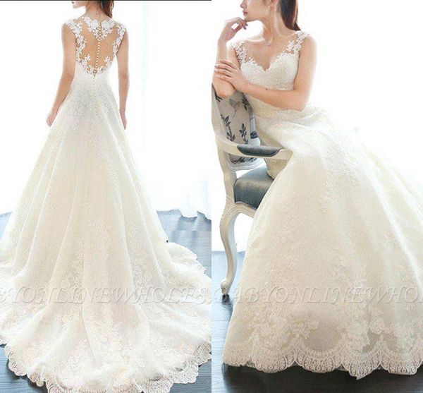 2020 new designed lace a line wedding dresses sheer neck appliques covered button back bride wedding gowns bc2778, White
2020 new designed lace a line wedding dresses sheer neck appliques covered button back bride wedding gowns bc2778, White