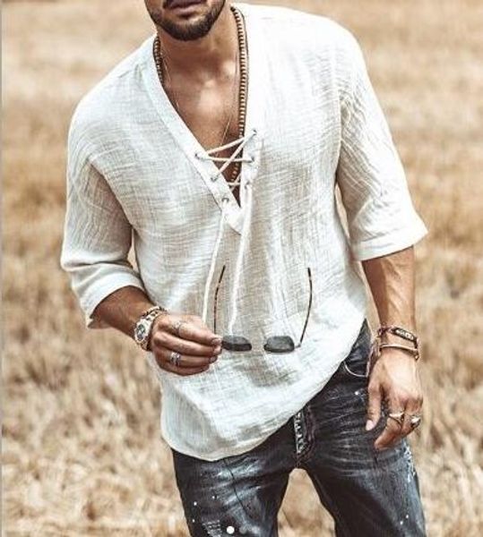 european and american men's chest lace-up corn sleeves t-shirt casual shirt, White;black
european and american men's chest lace-up corn sleeves t-shirt casual shirt, White;black