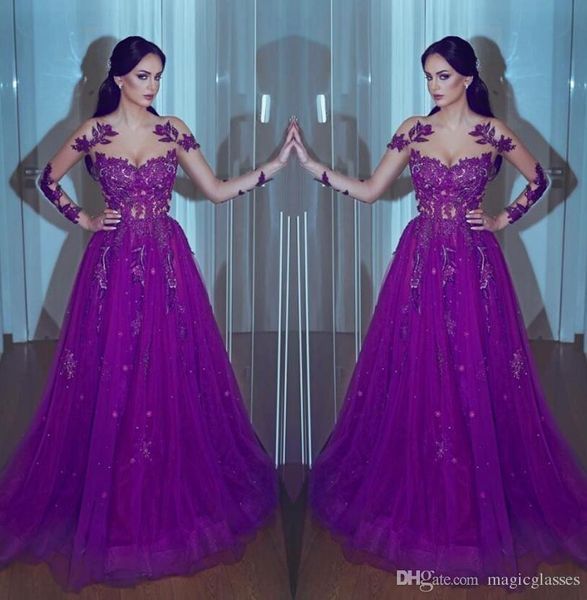 charming purple 2019 prom dresses illusion long sleeves lace beading formal evening gowns a line jewel neck chiffon tulle, Black
charming purple 2019 prom dresses illusion long sleeves lace beading formal evening gowns a line jewel neck chiffon tulle, Black