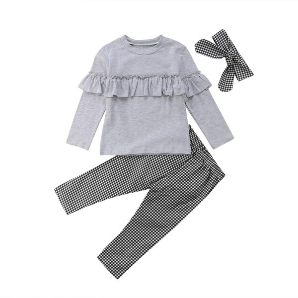 2018 newly spring autumn toddler baby girls lovely causal sets 3pcs long sleeve ruffles grey t-shirts +plaid pants+headband, White
2018 newly spring autumn toddler baby girls lovely causal sets 3pcs long sleeve ruffles grey t-shirts +plaid pants+headband, White
