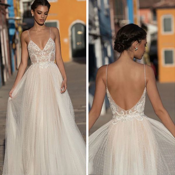 A Line Beach Wedding Dress Boho vestido de noiva Bohemian Lace Bridal Dress Backless Spaghetti Straps V Neck Wedding Gowns, White
A Line Beach Wedding Dress Boho vestido de noiva Bohemian Lace Bridal Dress Backless Spaghetti Straps V Neck Wedding Gowns, White