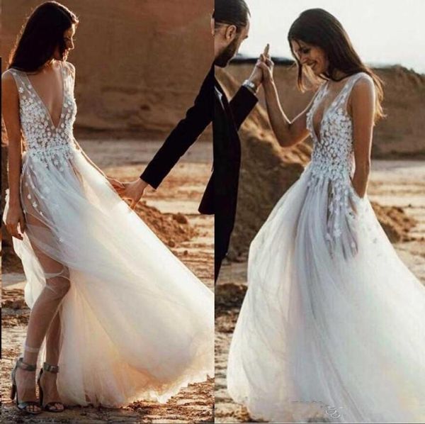 romantic beach bohemian wedding dresses 2019 applique sleevesless deep v neck layered train zipper back bridal gowns, White
romantic beach bohemian wedding dresses 2019 applique sleevesless deep v neck layered train zipper back bridal gowns, White