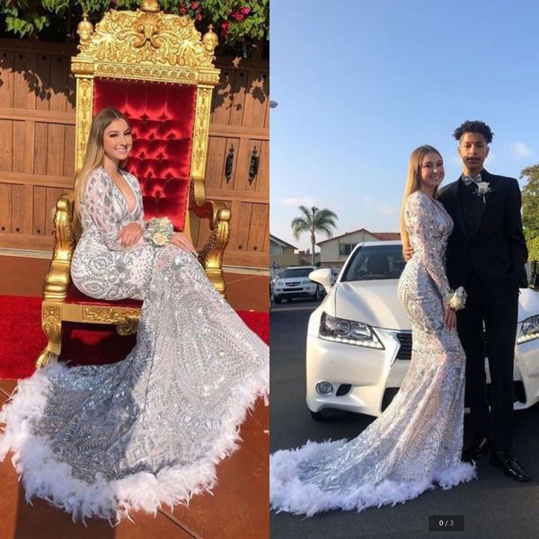 2020 modern silver sequin feather evening dresses long sleeves vintage v neck evening gowns mermaid special occasion dress, Black;red
2020 modern silver sequin feather evening dresses long sleeves vintage v neck evening gowns mermaid special occasion dress, Black;red