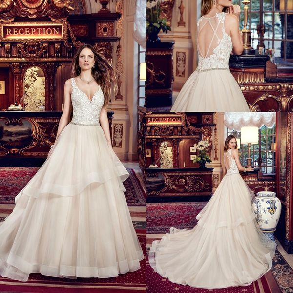 2019 champagne a line wedding dresses lace appliques tiered bridal gown diamond cut backless robe de mariee, White
2019 champagne a line wedding dresses lace appliques tiered bridal gown diamond cut backless robe de mariee, White