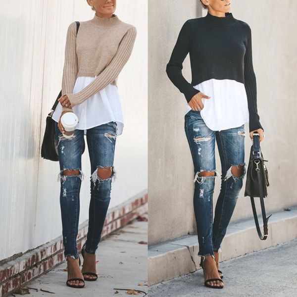 women sweater autumn winter slim long-sleeved round collar bottom knit stitching sweater, White;black
women sweater autumn winter slim long-sleeved round collar bottom knit stitching sweater, White;black