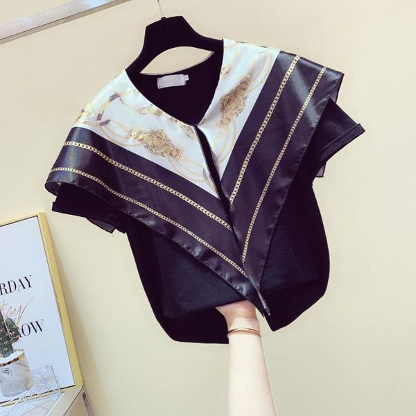 women's short sleeves scarves patchwork cotton t-shirt tee 2020 summer female pullover casual tees a2734, White