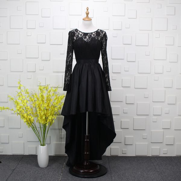 black satin high low evening dresses with lace appliques 2020 long sleeves prom gowns vestido festa longo, Black;red
black satin high low evening dresses with lace appliques 2020 long sleeves prom gowns vestido festa longo, Black;red