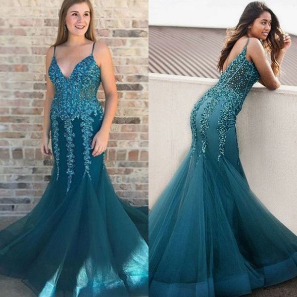 2019 spaghetti straps mermaid prom dress v neck sequins backless evening gowns tulle formal party dresses, Black
2019 spaghetti straps mermaid prom dress v neck sequins backless evening gowns tulle formal party dresses, Black