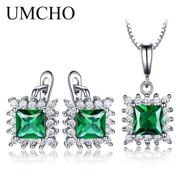 

umcho real 925 sterling silver jewelry sets created emerald clip earrings necklace pendants elegant gift for women fine jewelry, Black