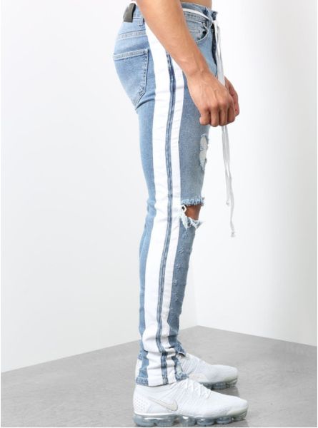 mens spring holes designer jeans spring striped ripped zipper biker jean pants, Blue
mens spring holes designer jeans spring striped ripped zipper biker jean pants, Blue