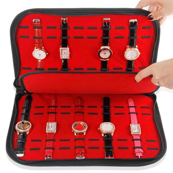 10/20 Grids Leather Watch Case With Zipper Velvet Wristwatch Display Storage Box Tray Travel Jewelry Packing Shelf Organizer