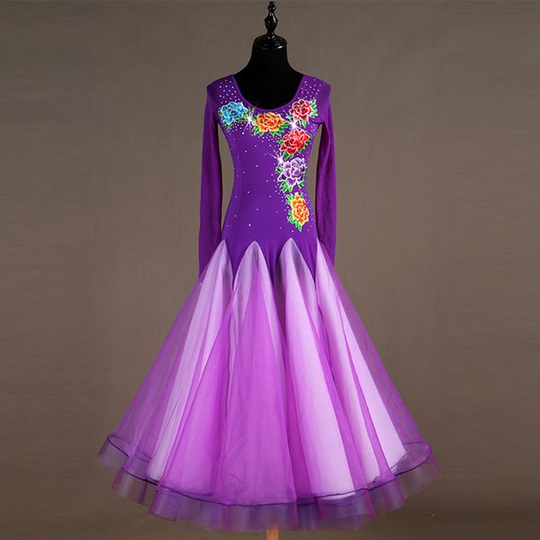 

purple ballroom dance dresses women's performance spandex embroidery / split joint / crystals rhinestones long sleeve dress, Black;red